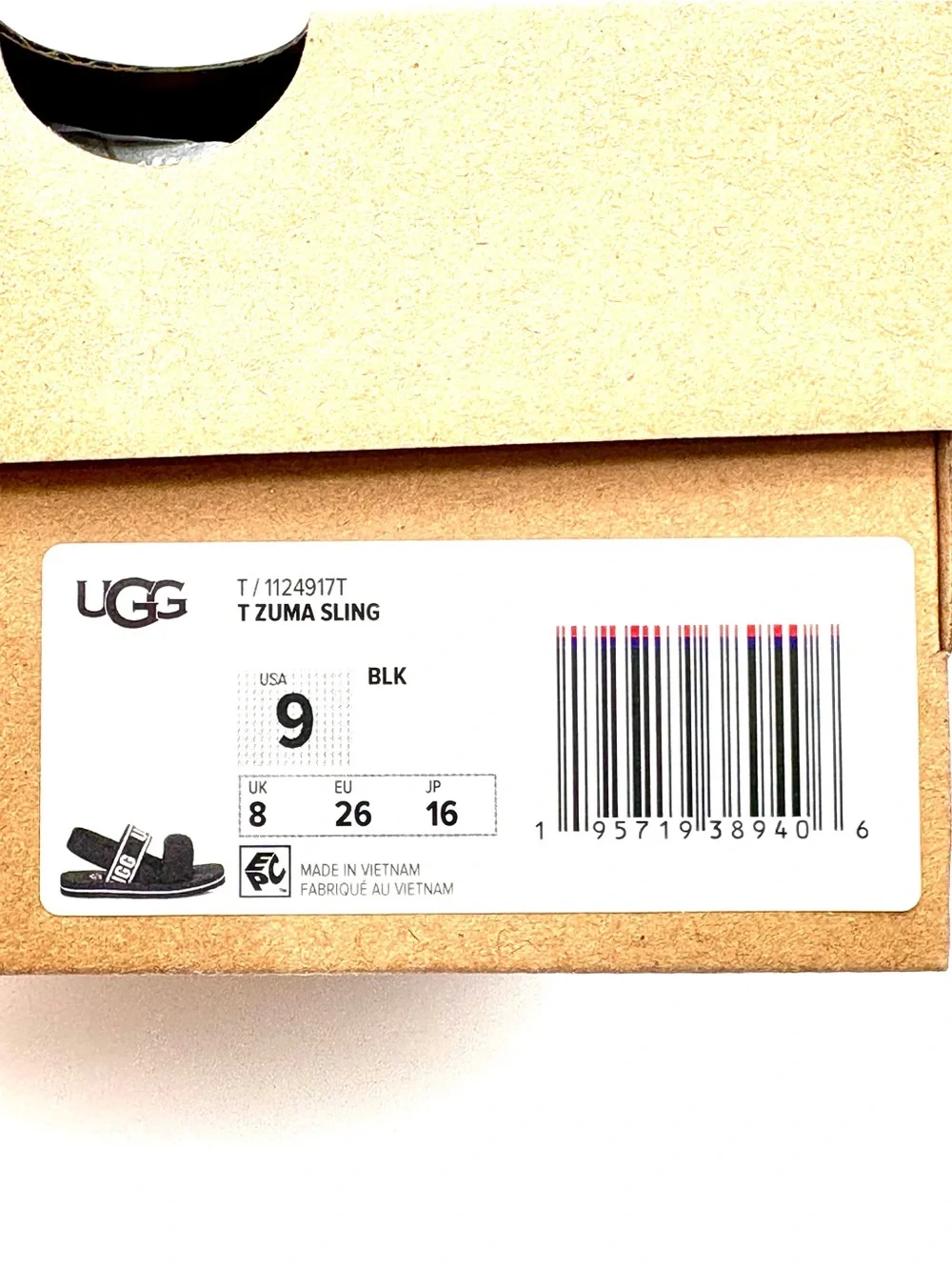 NIB UGG Kids ZUMA Sling Sandals Black & White Logo Elastic Back Strap Size 9